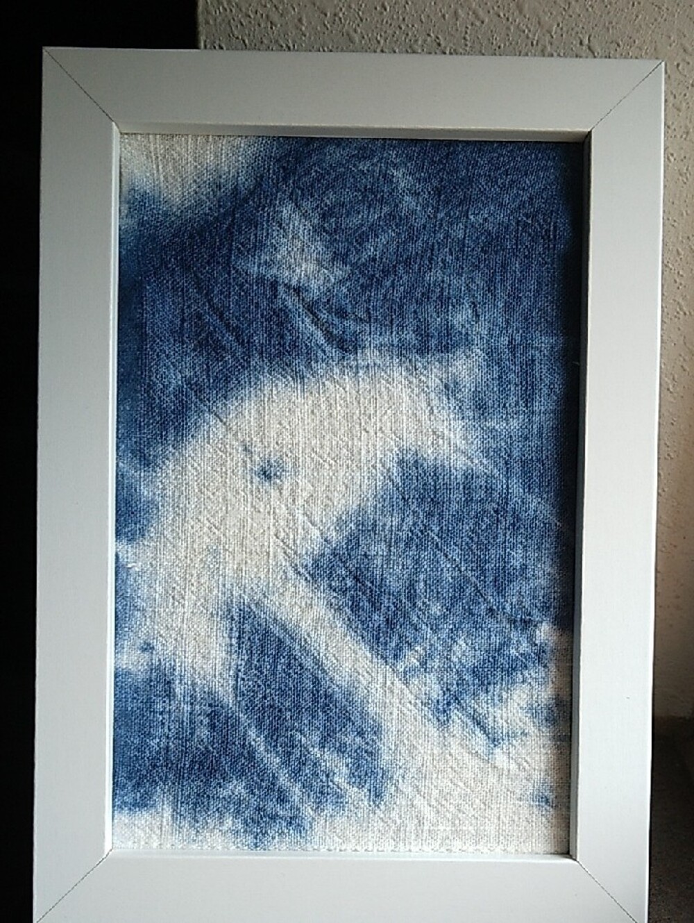 Handmade Framed Blue and White Tie Dye Textile Art
